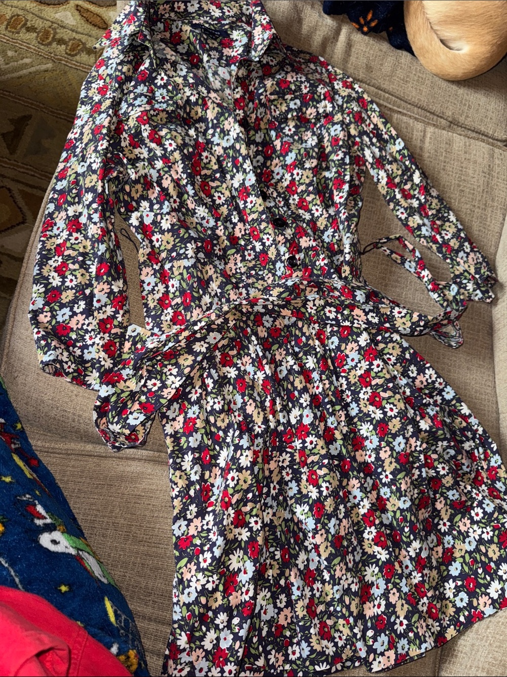 Lands' End Floral Long-Sleeve Collared Dress with Tie Waist